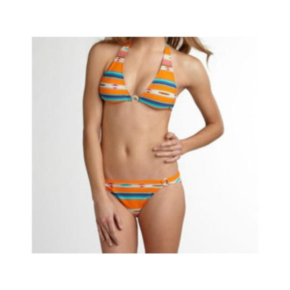 RALPH LAUREN  Swimwear BLUE LABEL Amara BIKINI SET Bandeau Top STRIPES Orange L - Picture 1 of 1